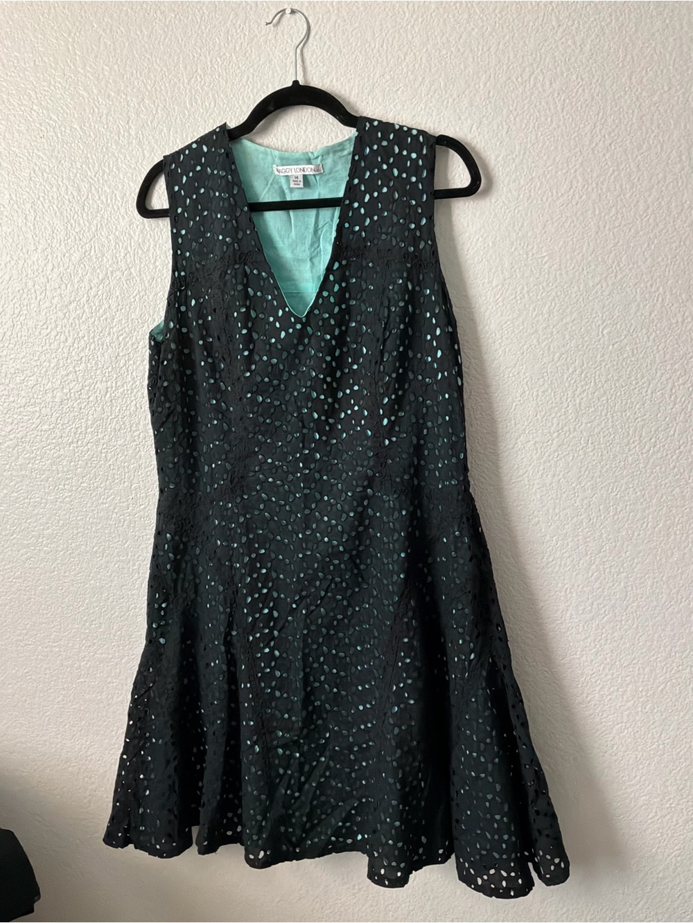 Maggy London Black & Teal Eyelet A-Line Dress Sz 14